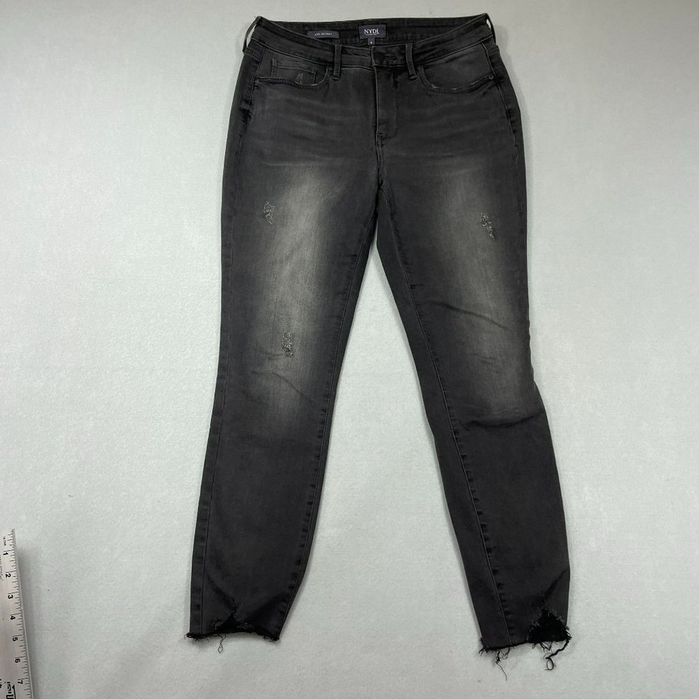 NYDJ Lift Tuck Distressed Raw Hem High Rise Ami Skinny Jeans Size 6 Rinsed Black